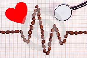 Cardiogram line made of coffee grains, stethoscope and red heart