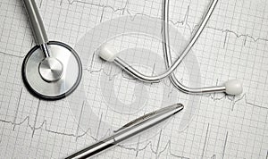 Cardiogram pulse trace and stethoscope concept for cardiovascular medical exam