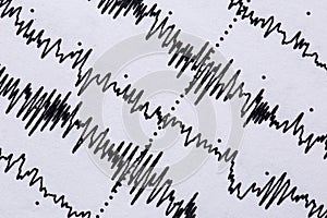 Cardiogram on a sheet of paper close-up. Texture of pulsed waves