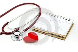 Cardiogram with stethoscope and red heart,A heart beats graph co