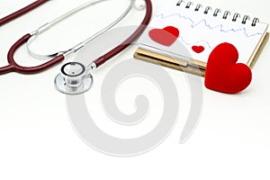 Cardiogram with stethoscope and red heart,A heart beats graph co