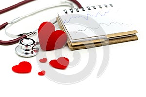 Cardiogram with stethoscope and red heart,A heart beats graph co