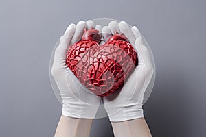 Cardiologist or cardiothoracic surgeon holds a heart model in their hands