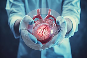 Cardiologist or cardiothoracic surgeon holds a heart model in their hands