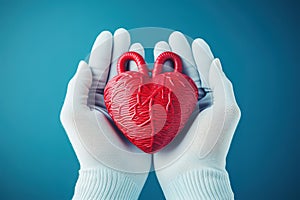 Cardiologist or cardiothoracic surgeon holds a heart model in their hands photo