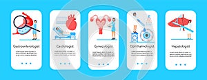 Cardiologist, gastroenterologist, ophthalmologist app template vector. Hepatology concept illustration. Heart, liver, uterus, eye