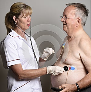 Cardiologist installs a ECG heart monitor onto a patient