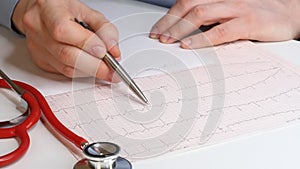 Cardiologist looks at the cardiogram and prescribes the prescription to the pharmacy. Fennedoscope, stethoscope and cardiogram. He