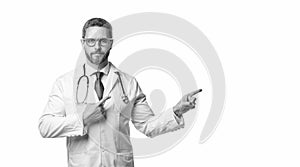 cardiologist point finger isolated on white, banner. cardiologist in studio.