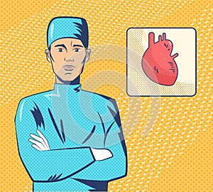 Cardiologist pop art. Vector.