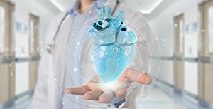 Cardiologist using digital x-ray of human heart holographic scan projection 3D rendering