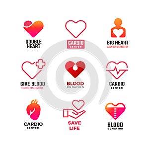 Cardiology and blood donation vector medical logos. International heart day emblems