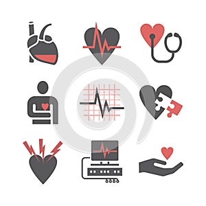 Cardiology center, clinic icons. Heart signs. Vector illustration