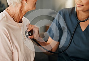 Cardiology consultation, doctor and senior woman consulting about healthcare on living room sofa in retirement home