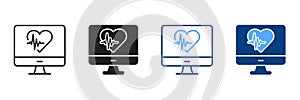 Cardiology Diagnosis. Heart Beat Medical Computer. Heartbeat Monitoring Line and Silhouette Icon Set. Cardiogram, ECG