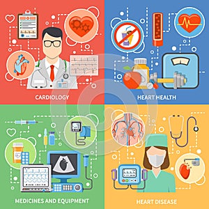 Cardiology Flat 2x2 Icons Set