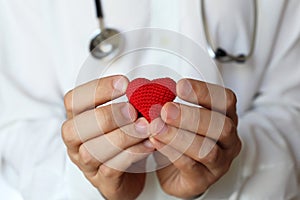 Cardiology and health care, doctor holding red knitted heart in hands