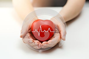 Cardiology or health insurance concept - red heart in hands