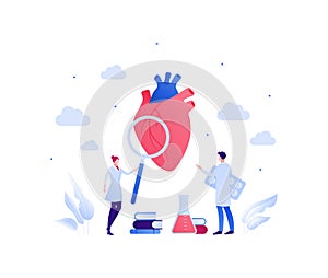 Cardiology and heart disease concept. Vector flat people illustration. Couple of male and female doctor scientist. Magnifier glass