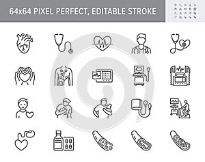 Cardiology line icons. Vector illustration included icon as heart attack, ecg, doctor, pacemaker, defibrillator outline