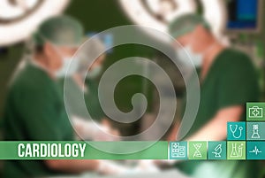 Cardiology medical concept image with icons and doctors on background