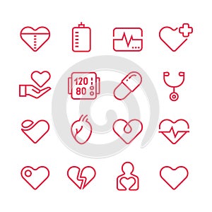 Cardiology medicine vector line icons. Cardiologist and heart diseases vector symbols