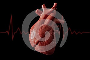 Cardiology, organ transplant and cardiovascular medicine concept with a plastic medical model of a heart isolated on black