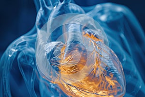 Cardiology physician examines render of patient heart using 3D x-ray radiology scan