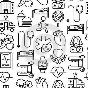 Cardiology seamless pattern with thin line icons: cardiologist, stethoscope, hospital, pulsometer, cardiogram, heartbeat. Modern photo