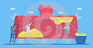 Cardiology vector illustration. Atherosclerosis is heart disease that plaque builds up inside arteries. Blood vessel is narrow and