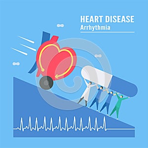 Cardiology vector illustration. On blue background, heart disease problem called tachycardia arrhythmia. Periodic signal is fast