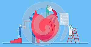 Cardiology vector illustration. On blue background, heart disease problem called tachycardia arrhythmia. Periodic signal is fast
