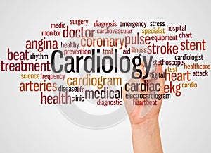 Cardiology word cloud and hand with marker concept