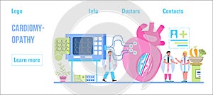 Cardiomyopathy concept vector for medical website, header, blog. Heart attack, cardiac infarction with tiny doctors, cardiogram,