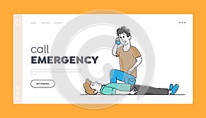 Cardiopulmonary Resuscitation Medical Care Landing Page Template. Male Character Emergency Call to Ambulance, First Aid