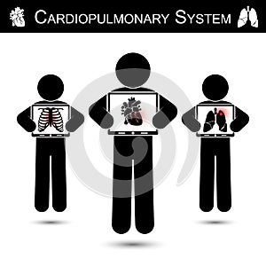 Cardiopulmonary System . Human hold monitor screen and show imaging of Skeleton ( chest injury ) , Heart ( Myocardial Infarction