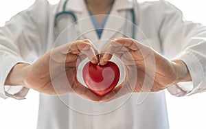 Cardiovascular disease doctor or cardiologist holding red heart in clinic or hospital exam room office for csr professional