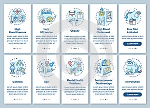 Cardiovascular disease risk factors onboarding mobile app page screen with concepts set