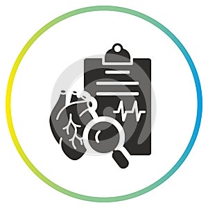 cardiovascular inspection icon, heart diagnostics, cardiogram analysis, flat symbol