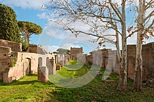 Cardo Maximus in Ostia Antica. Ruins of ancient roman city and port