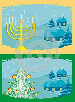 cards with Christmas tree and Channuka candles