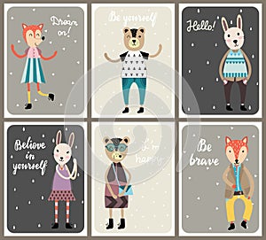 Cards with cute fashion animals set in scandinavian style.