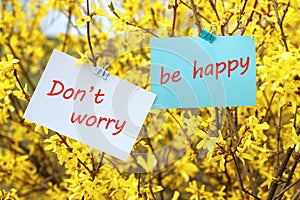 Cards with the inscription Don`t worry, be happy on a background of yellow flowers