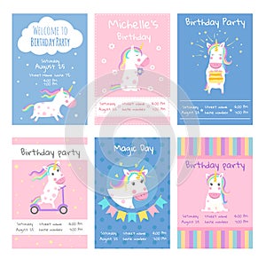 Cards invitations. Design template cards with pictures of cute unicorns