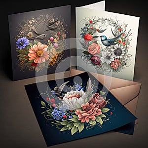 Cards with multi coloured flowers and envelope, created using generative ai technology