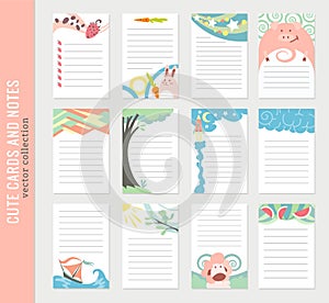 Cards notes. Kids notebook page vector template. Stickers, labels, tags paper sheet illustration. Set of planners and to