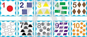 Cards with numbers from 1 to 10 with geometric shapes, set. Education for kids, math. Vector illustration