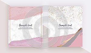 Cards with pink watercolor brush stroke texture, gold confetti on the marble texture. Trendy templates for banner, flyer, poster,