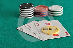 Cards with poker chips and big blind chip