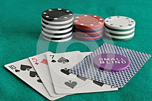 Cards with poker chips and small blind chip